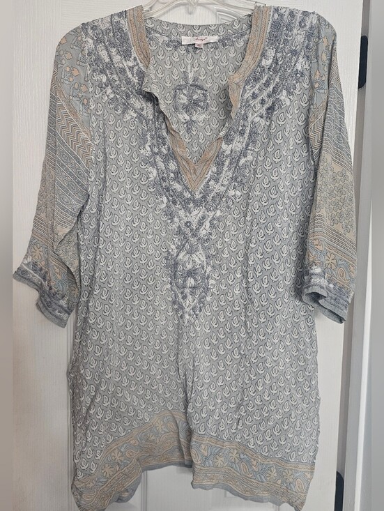amaya Tops - Amaya All Silk Light gray and yellow embroidery tunic with a relaxed fit.